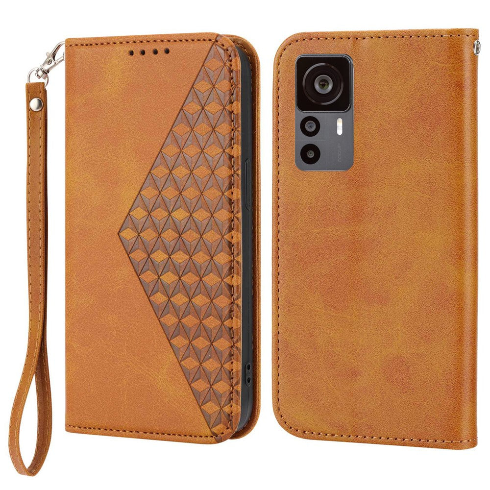 For Xiaomi 12T 5G / Redmi K50 Ultra 5G Rhombus Pattern Imprinted PU Leather Stand Case Calf Texture Shockproof Phone Wallet Cover with Strap