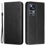 Xiaomi 12T 5G / 12T Pro 5G / Redmi K50 Ultra 5G Kolfiberstruktur PU-läder Stativ Plånboksfodral Magnetiskt Autostängande mobilskal med Handledsrem