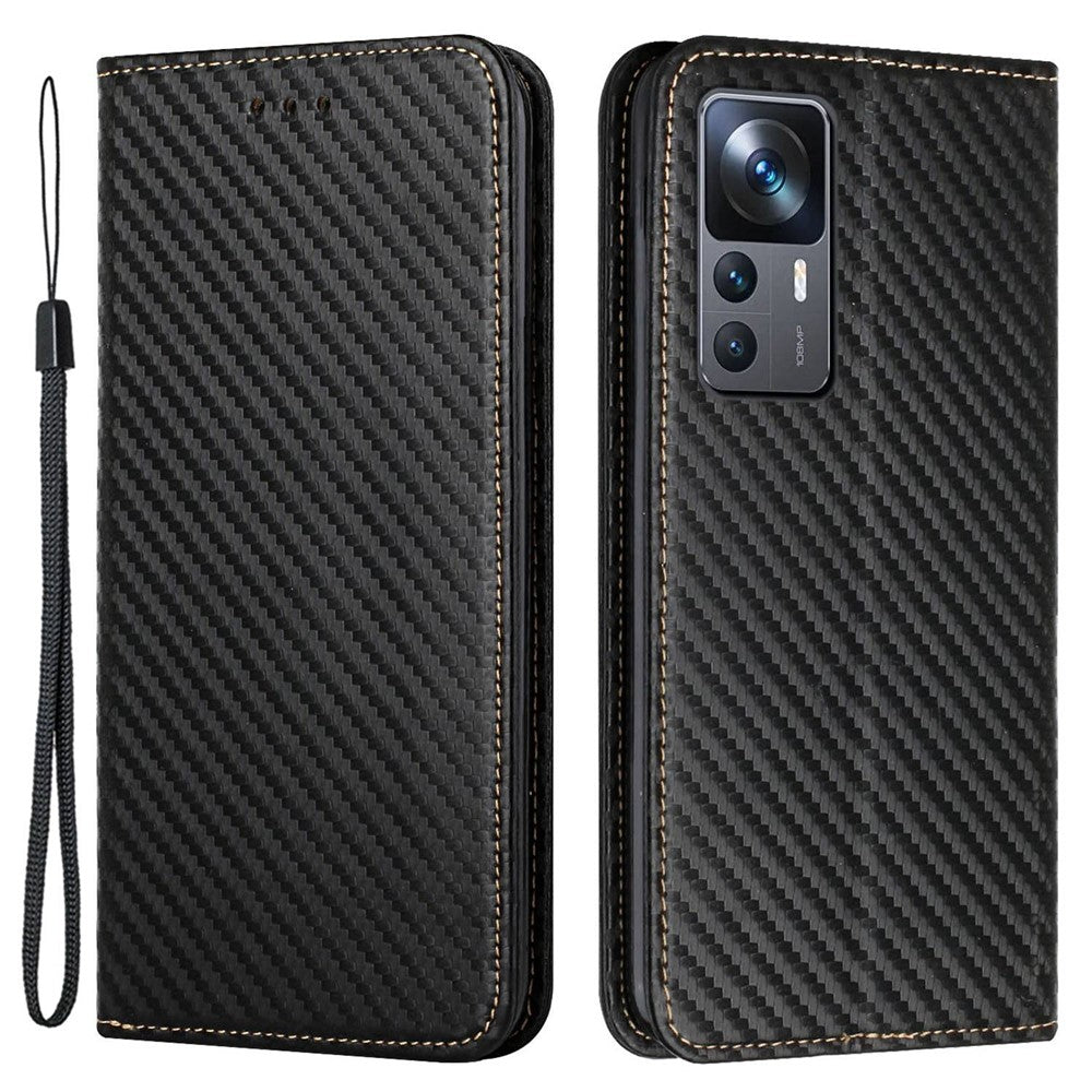 Xiaomi 12T 5G / 12T Pro 5G / Redmi K50 Ultra 5G Kolfiberstruktur PU-läder Stativ Plånboksfodral Magnetiskt Autostängande mobilskal med Handledsrem