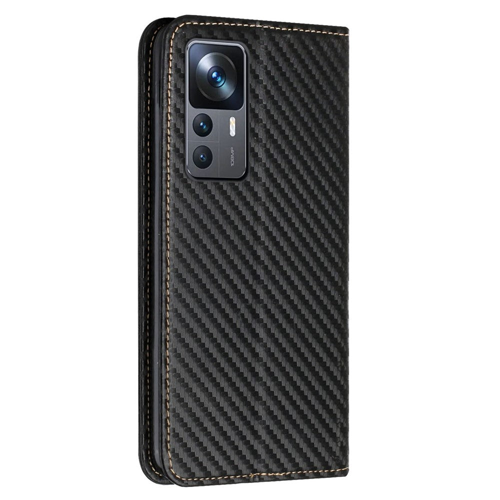 Xiaomi 12T 5G / 12T Pro 5G / Redmi K50 Ultra 5G Kolfiberstruktur PU-läder Stativ Plånboksfodral Magnetiskt Autostängande mobilskal med Handledsrem