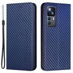 Xiaomi 12T 5G / 12T Pro 5G / Redmi K50 Ultra 5G Kolfiberstruktur PU-läder Stativ Plånboksfodral Magnetiskt Autostängande mobilskal med Handledsrem