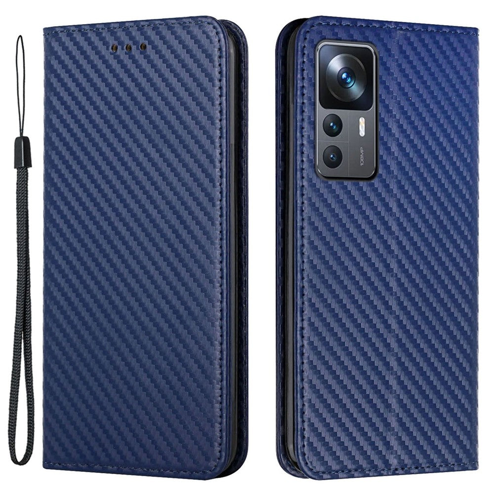 Xiaomi 12T 5G / 12T Pro 5G / Redmi K50 Ultra 5G Kolfiberstruktur PU-läder Stativ Plånboksfodral Magnetiskt Autostängande mobilskal med Handledsrem