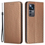 Xiaomi 12T 5G / 12T Pro 5G / Redmi K50 Ultra 5G Kolfiberstruktur PU-läder Stativ Plånboksfodral Magnetiskt Autostängande mobilskal med Handledsrem