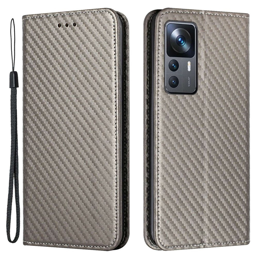 Xiaomi 12T 5G / 12T Pro 5G / Redmi K50 Ultra 5G Kolfiberstruktur PU-läder Stativ Plånboksfodral Magnetiskt Autostängande mobilskal med Handledsrem
