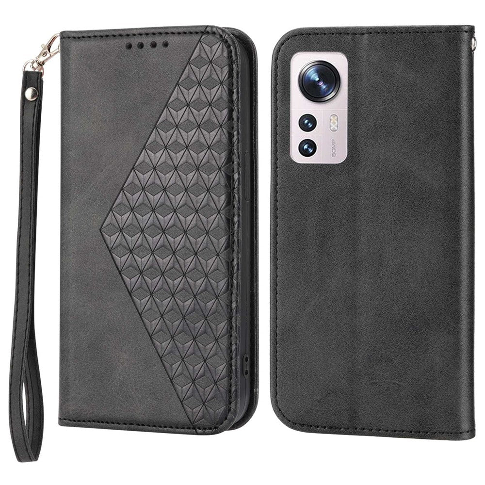 Xiaomi 12 Pro 5G / 12 Pro (Dimensity) 5G / 12S Pro 5G Rombmönster Präglat Folio Flip PU-läder Stativfodral Kalvtextur mobilplånbok med Rem