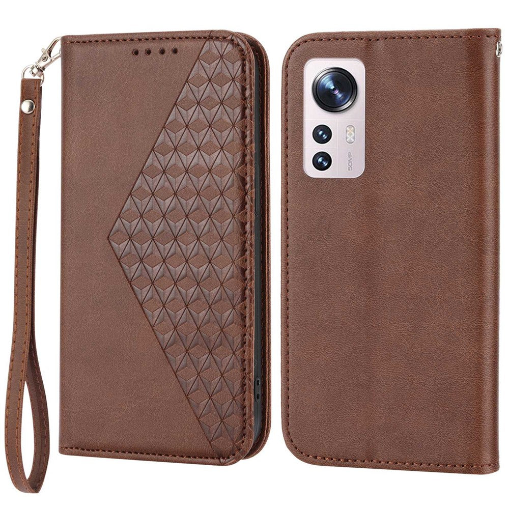 For Xiaomi 12 Pro 5G / 12 Pro (Dimensity) 5G / 12S Pro 5G Rhombus Pattern Imprinted Folio Flip PU Leather Stand Case Calf Texture Phone Wallet Cover with Strap