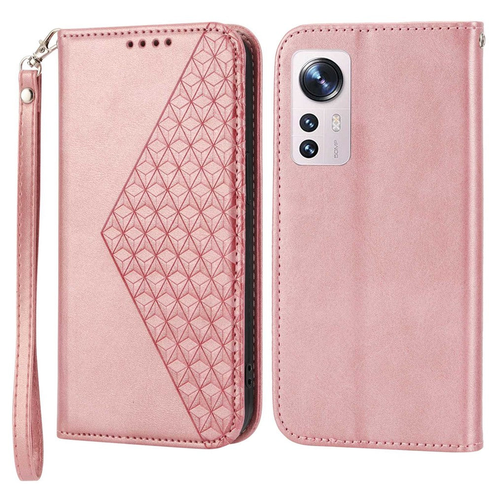 Xiaomi 12 Pro 5G / 12 Pro (Dimensity) 5G / 12S Pro 5G Rombmönster Präglat Folio Flip PU-läder Stativfodral Kalvtextur mobilplånbok med Rem