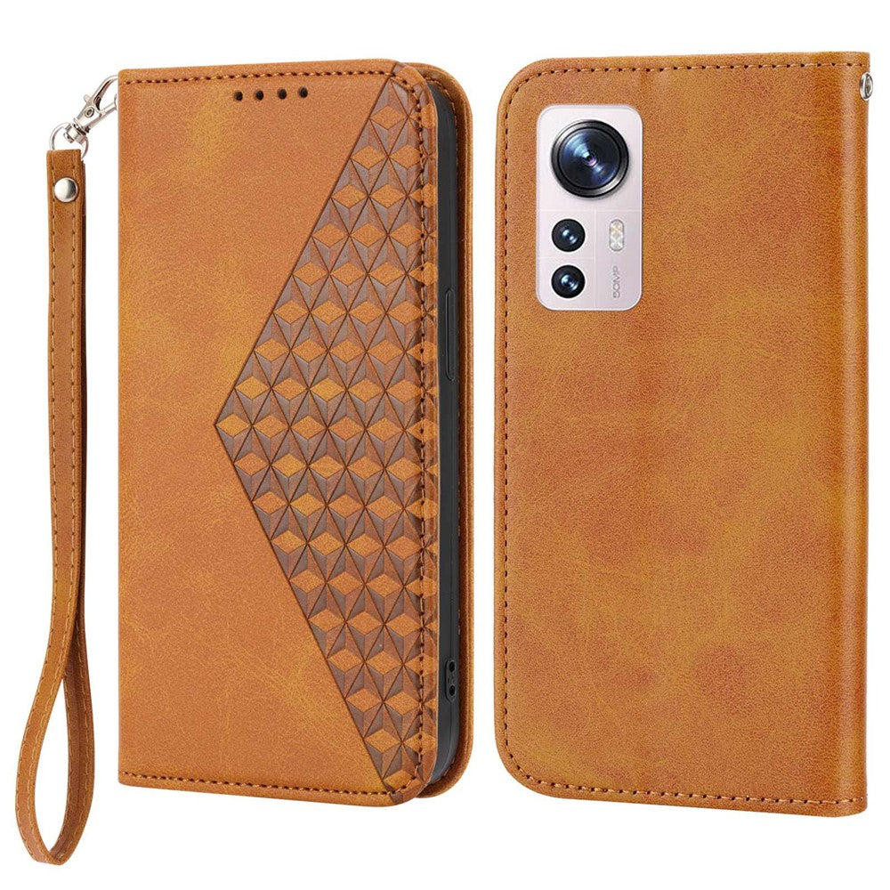 Xiaomi 12 Pro 5G / 12 Pro (Dimensity) 5G / 12S Pro 5G Rombmönster Präglat Folio Flip PU-läder Stativfodral Kalvtextur mobilplånbok med Rem