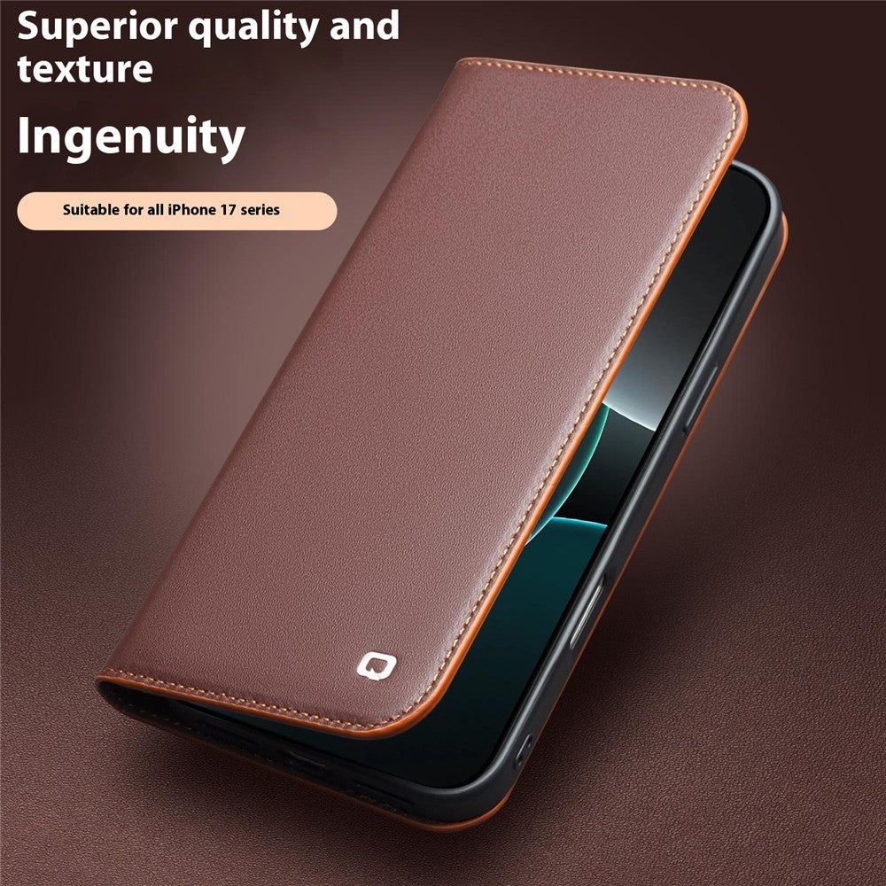 QIALINO For iPhone 17 Pro Max Wallet Case Stand Genuine Cow Leather Flip Phone Cover