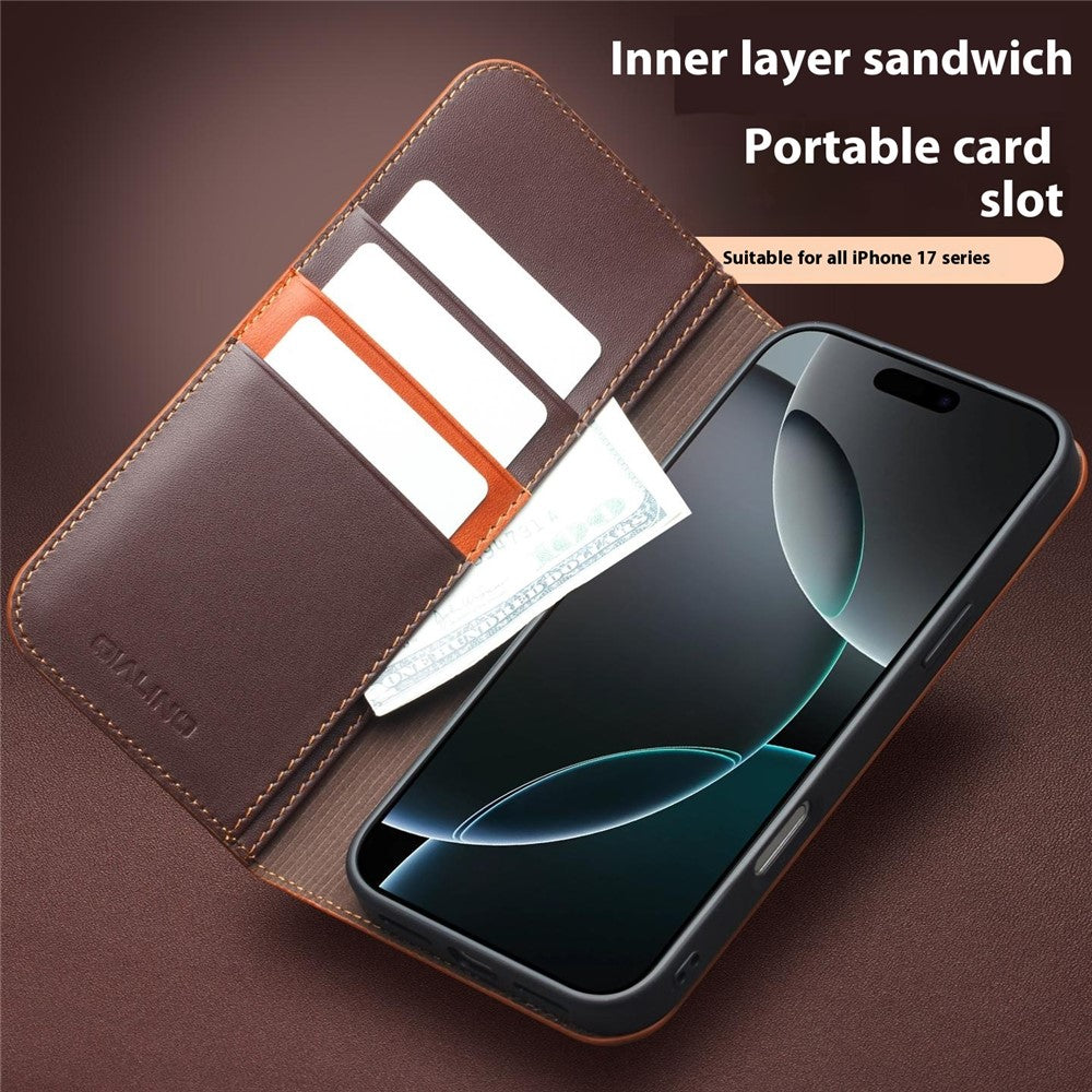 QIALINO For iPhone 17 Pro Max Wallet Case Stand Genuine Cow Leather Flip Phone Cover