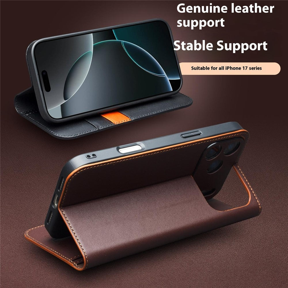 QIALINO For iPhone 17 Pro Max Wallet Case Stand Genuine Cow Leather Flip Phone Cover