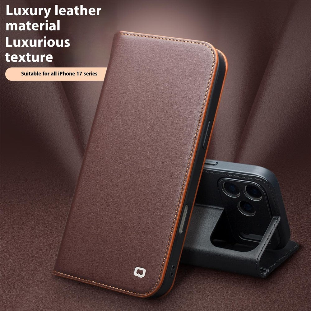 QIALINO For iPhone 17 Pro Max Wallet Case Stand Genuine Cow Leather Flip Phone Cover