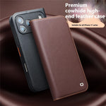 QIALINO For iPhone 17 Pro Max Wallet Case Stand Genuine Cow Leather Flip Phone Cover
