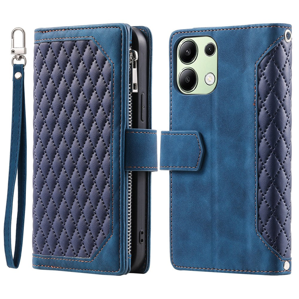 For Xiaomi Redmi 15C 5G (EU) (173mm) / 15C 4G (EU) (173mm) Wallet Case Rhombus Stitching Line PU Leather Phone Cover with Wrist Strap