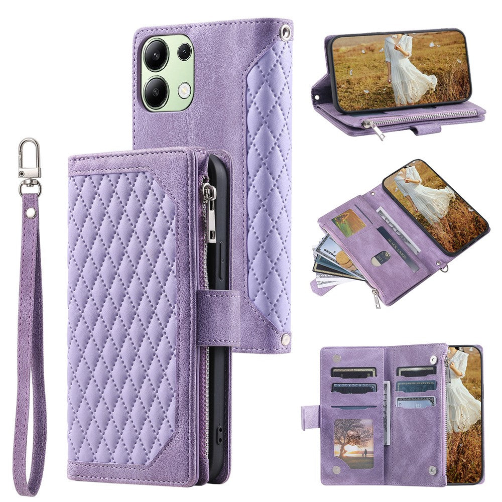 For Xiaomi Redmi 15C 5G (EU) (173mm) / 15C 4G (EU) (173mm) Wallet Case Rhombus Stitching Line PU Leather Phone Cover with Wrist Strap