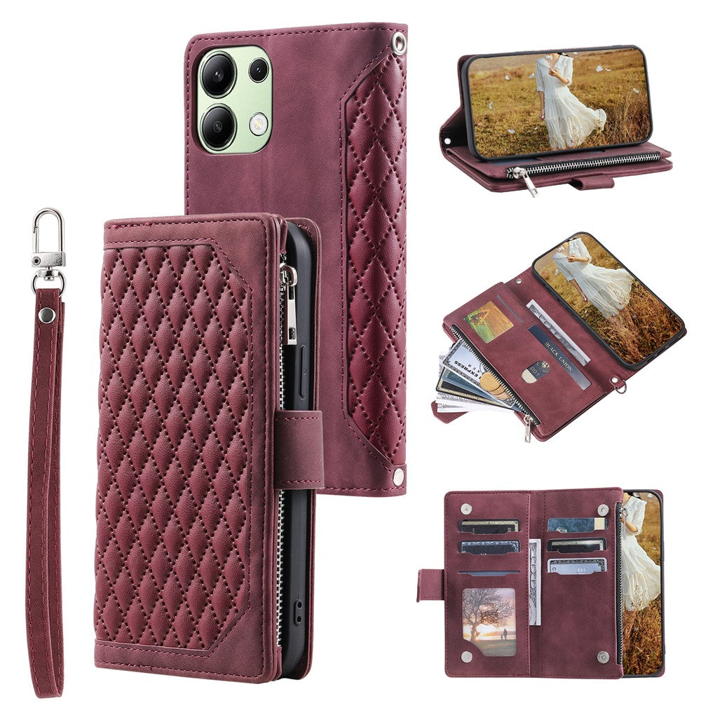 For Xiaomi Redmi 15C 5G (EU) (173mm) / 15C 4G (EU) (173mm) Wallet Case Rhombus Stitching Line PU Leather Phone Cover with Wrist Strap