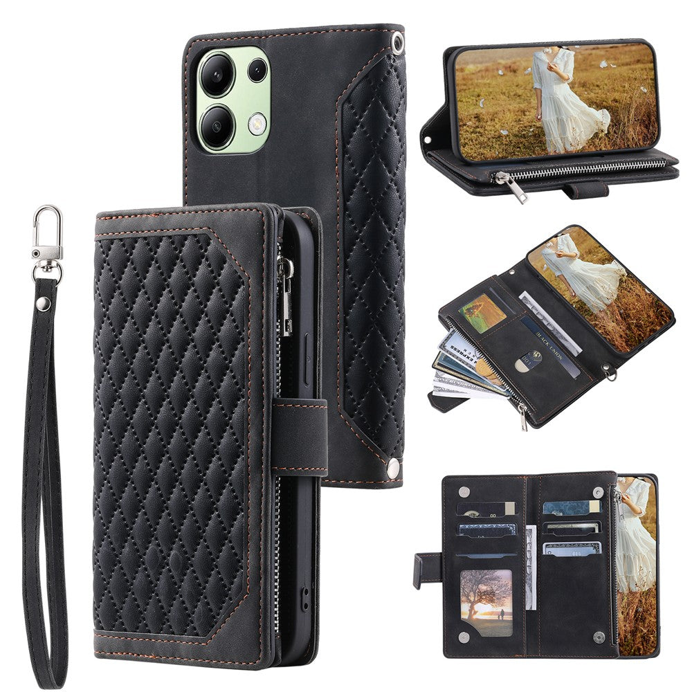 For Xiaomi Redmi 15C 5G (EU) (173mm) / 15C 4G (EU) (173mm) Wallet Case Rhombus Stitching Line PU Leather Phone Cover with Wrist Strap