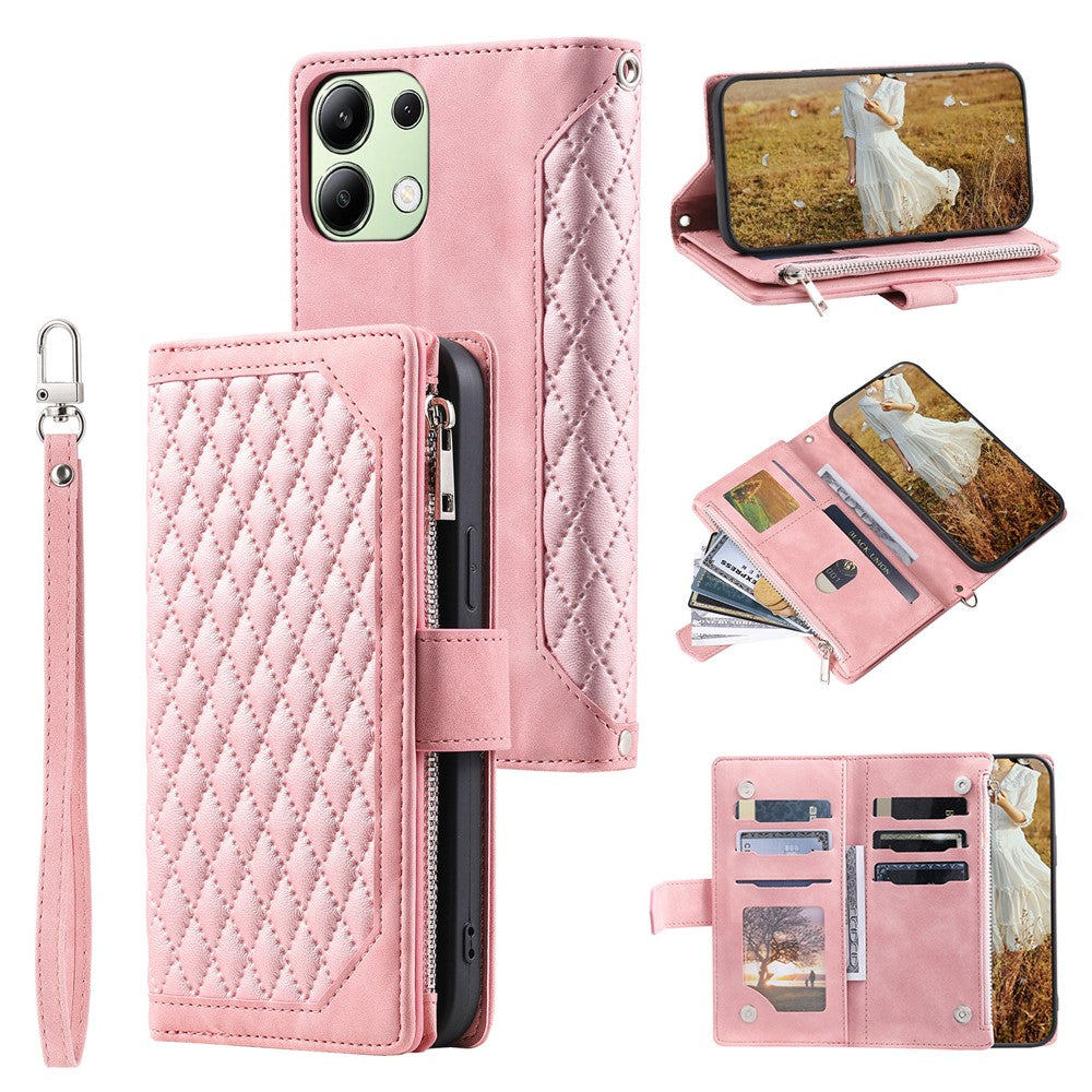 For Xiaomi Redmi 15C 5G (EU) (173mm) / 15C 4G (EU) (173mm) Wallet Case Rhombus Stitching Line PU Leather Phone Cover with Wrist Strap