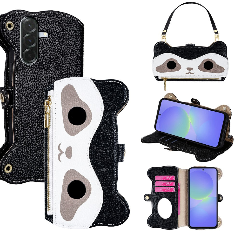 Til Samsung Galaxy A36 5G Etui Sødt Vaskebjørnsdesign PU Læder Telefoncover med Håndledsrem