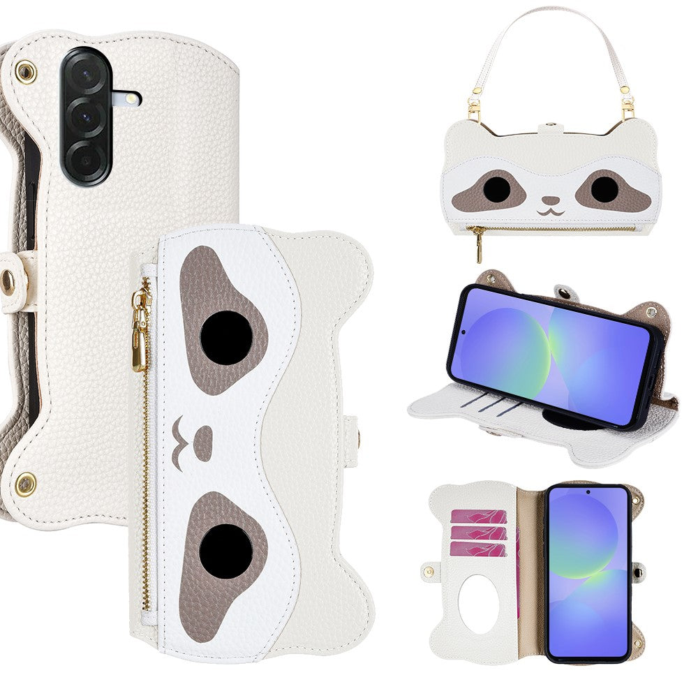 Til Samsung Galaxy A36 5G Etui Sødt Vaskebjørnsdesign PU Læder Telefoncover med Håndledsrem