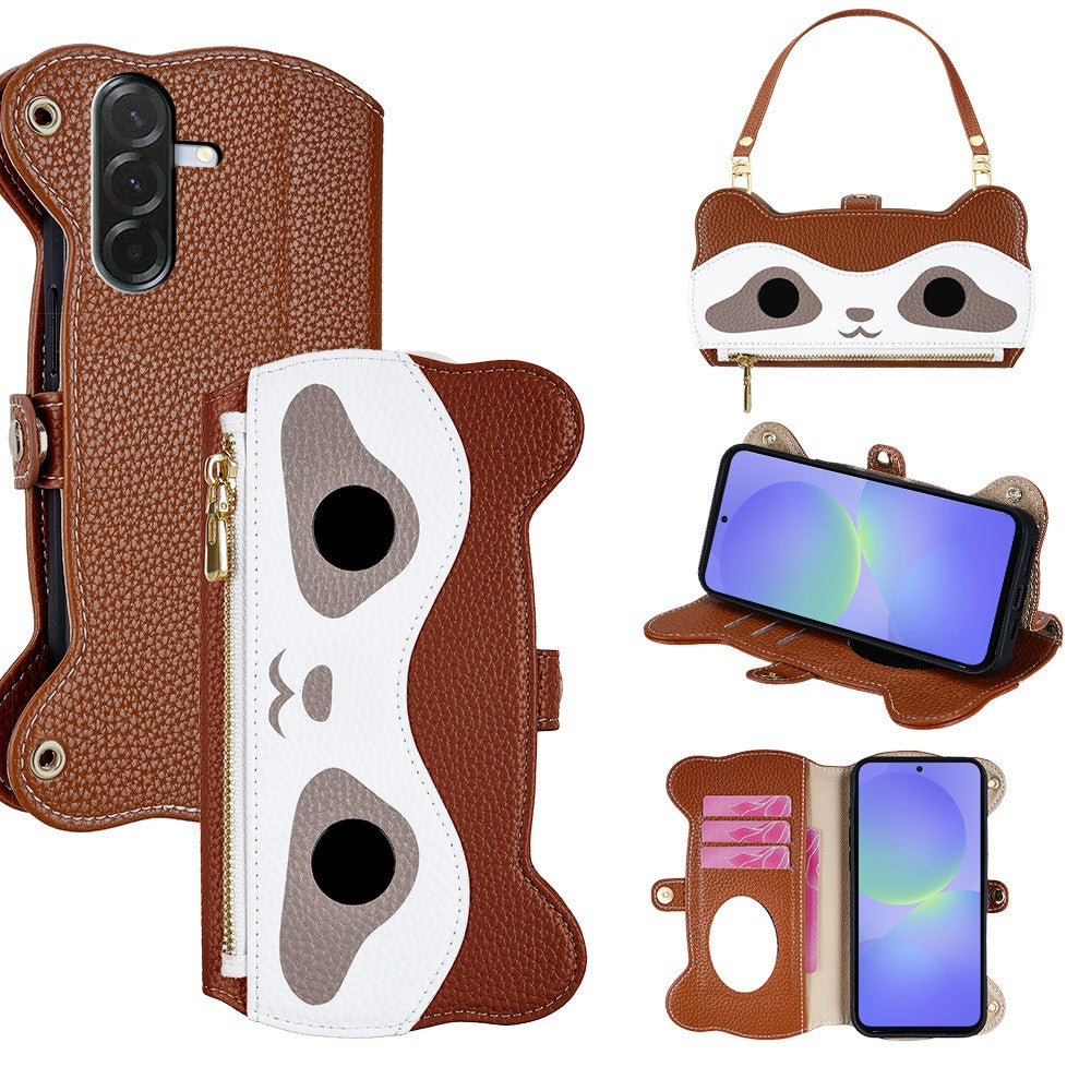 Til Samsung Galaxy A36 5G Etui Sødt Vaskebjørnsdesign PU Læder Telefoncover med Håndledsrem