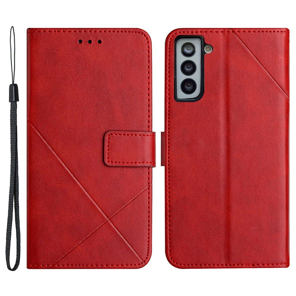 For Samsung Galaxy S23+ Drop-proof Line Imprinting Phone Case Solid Color PU Leather Magnetic Clasp Wallet Stand Flip Cover with Strap