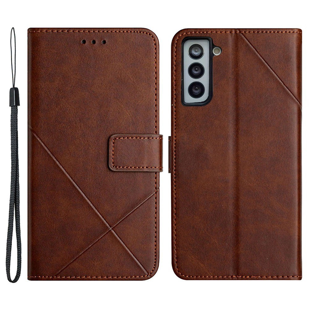 For Samsung Galaxy S23+ Drop-proof Line Imprinting Phone Case Solid Color PU Leather Magnetic Clasp Wallet Stand Flip Cover with Strap