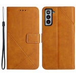 For Samsung Galaxy S23+ Drop-proof Line Imprinting Phone Case Solid Color PU Leather Magnetic Clasp Wallet Stand Flip Cover with Strap