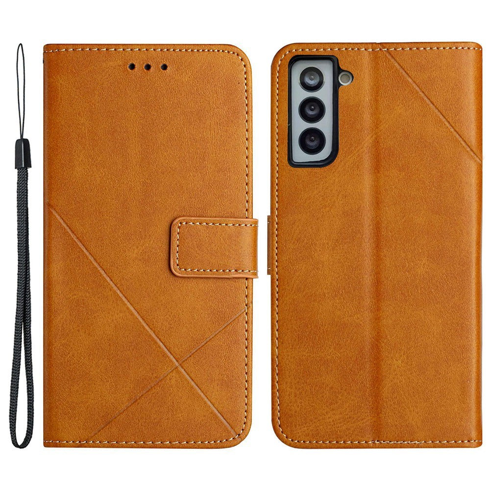 For Samsung Galaxy S23+ Drop-proof Line Imprinting Phone Case Solid Color PU Leather Magnetic Clasp Wallet Stand Flip Cover with Strap