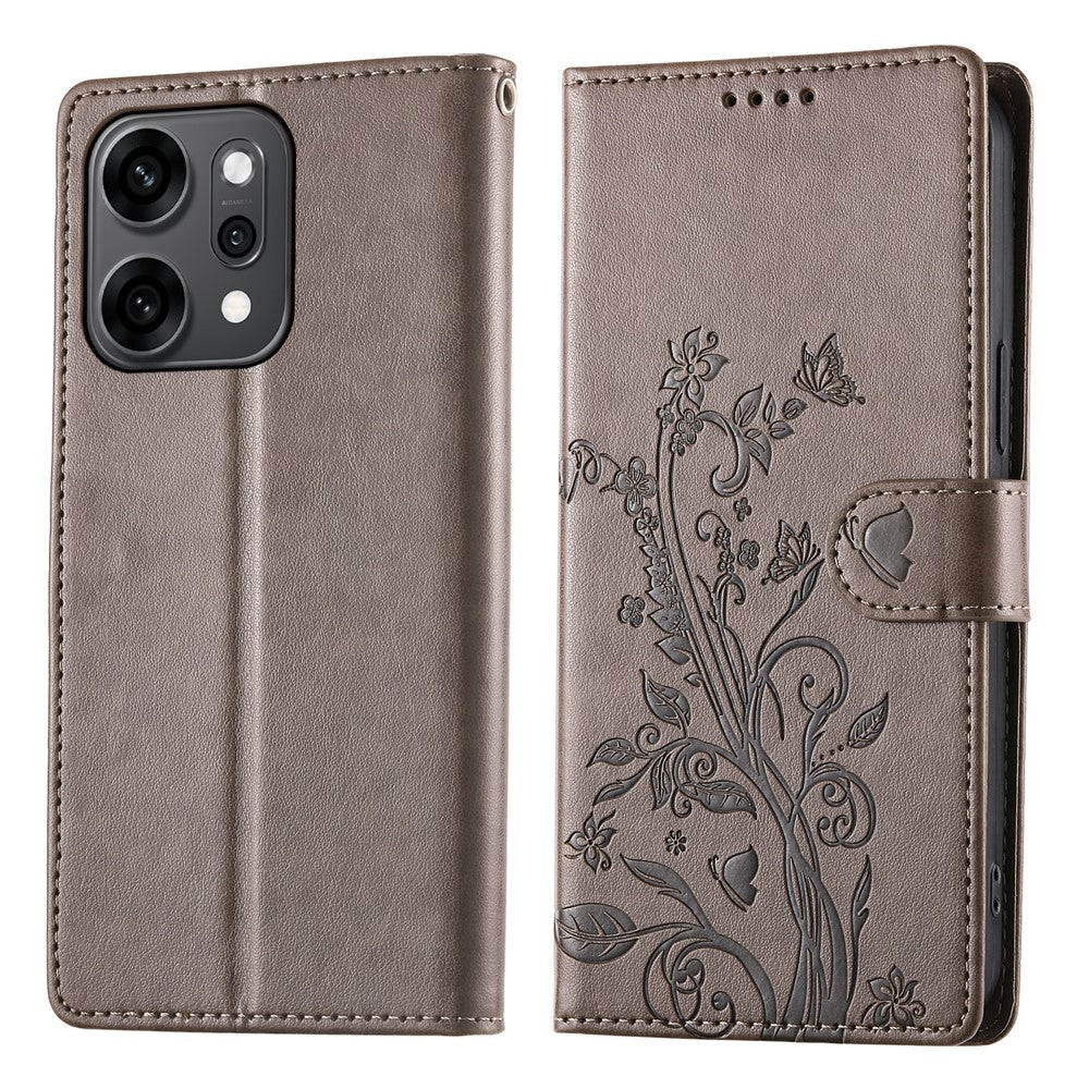For Oppo Reno14 Pro 5G (Global) Wallet Case Butterfly Floral Imprint PU Leather Phone Cover with Wrist Strap