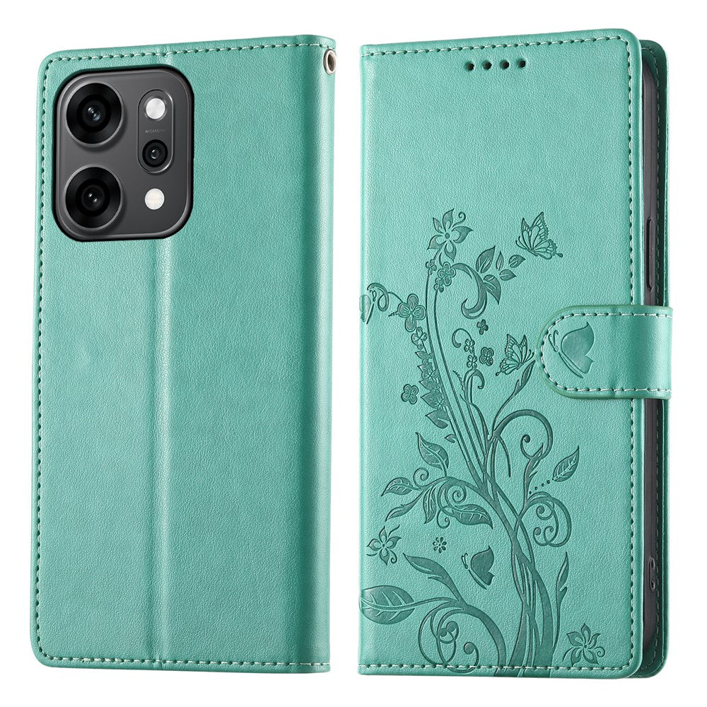 For Oppo Reno14 Pro 5G (Global) Wallet Case Butterfly Floral Imprint PU Leather Phone Cover with Wrist Strap