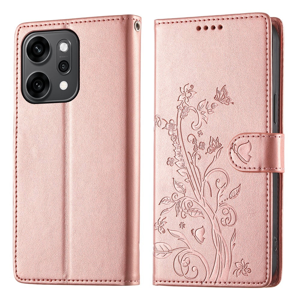 For Oppo Reno14 Pro 5G (Global) Wallet Case Butterfly Floral Imprint PU Leather Phone Cover with Wrist Strap