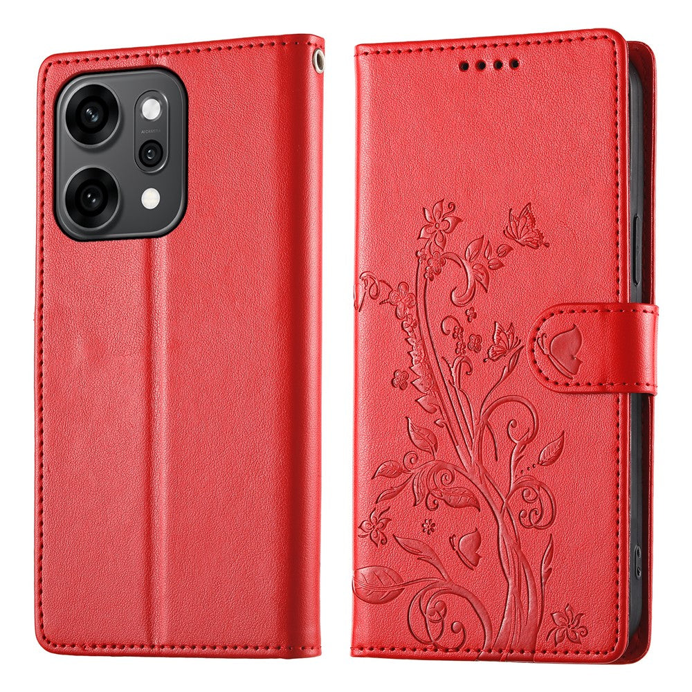 For Oppo Reno14 Pro 5G (Global) Wallet Case Butterfly Floral Imprint PU Leather Phone Cover with Wrist Strap