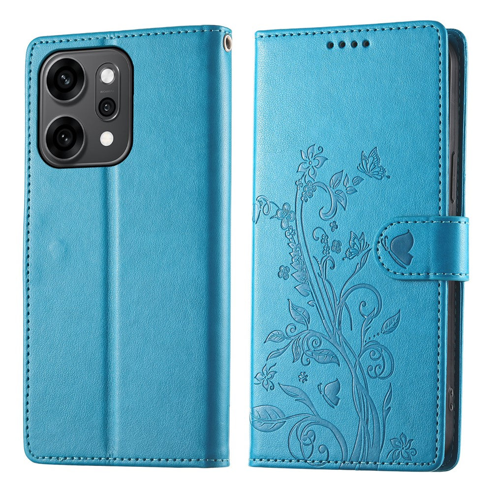 For Oppo Reno14 Pro 5G (Global) Wallet Case Butterfly Floral Imprint PU Leather Phone Cover with Wrist Strap