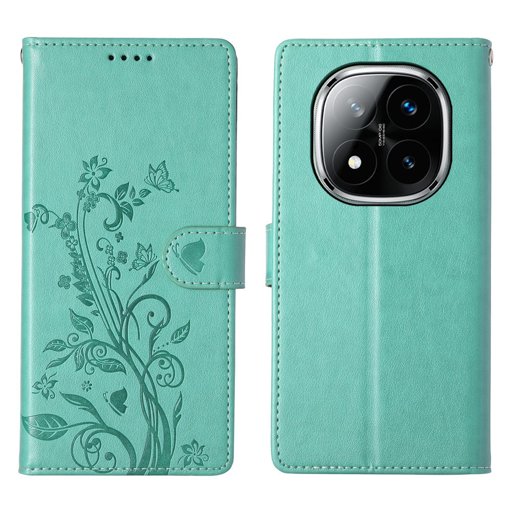 For Xiaomi Redmi Note 14 Pro+ 5G Wallet Case Butterfly Floral Imprint PU Leather Phone Cover with Wrist Strap