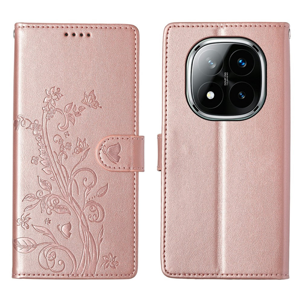 For Xiaomi Redmi Note 14 Pro+ 5G Wallet Case Butterfly Floral Imprint PU Leather Phone Cover with Wrist Strap