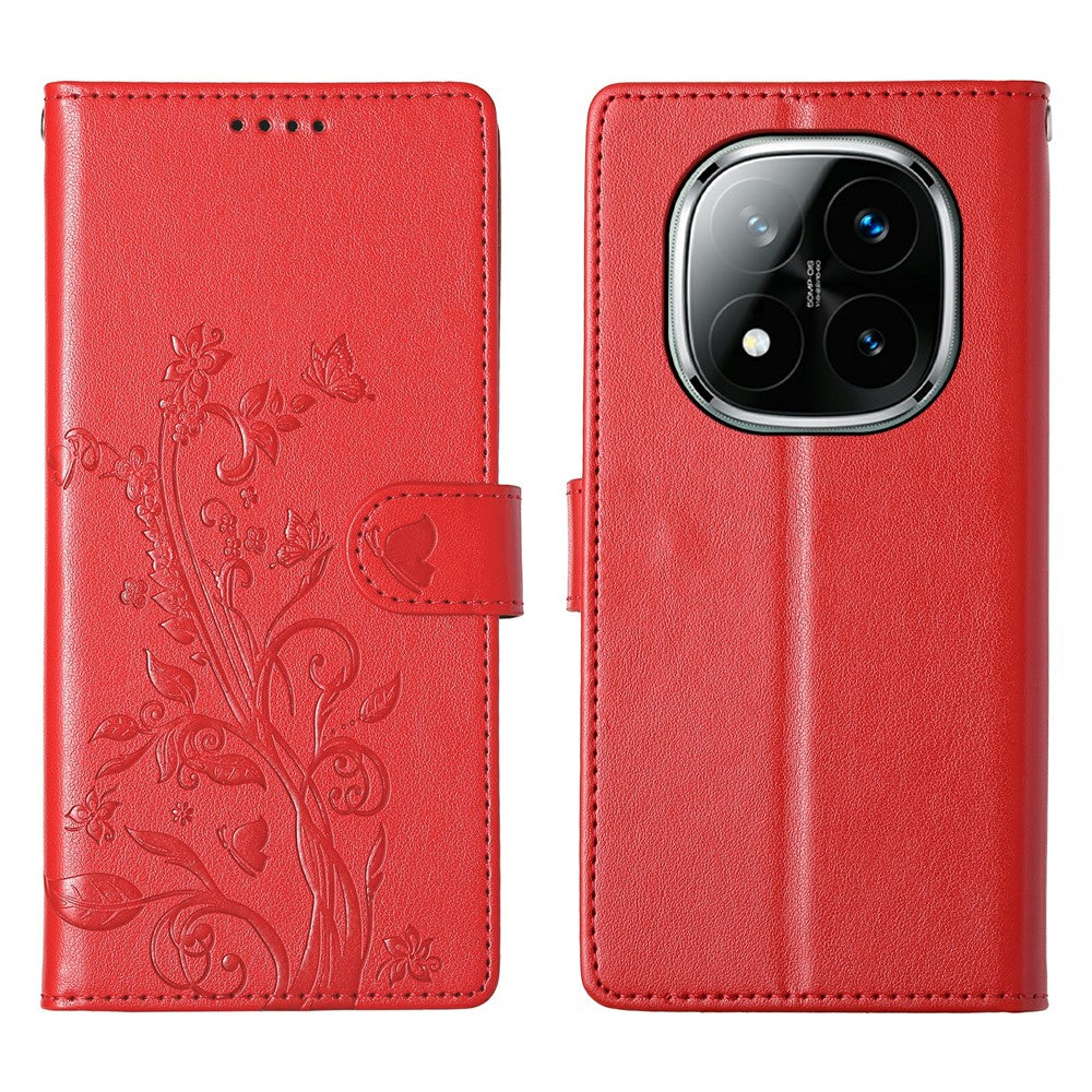 For Xiaomi Redmi Note 14 Pro+ 5G Wallet Case Butterfly Floral Imprint PU Leather Phone Cover with Wrist Strap