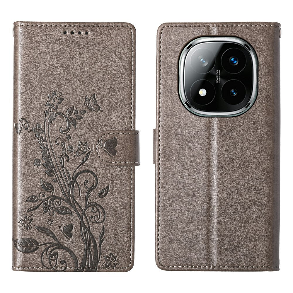 For Xiaomi Redmi Note 14 Pro+ 5G Wallet Case Butterfly Floral Imprint PU Leather Phone Cover with Wrist Strap