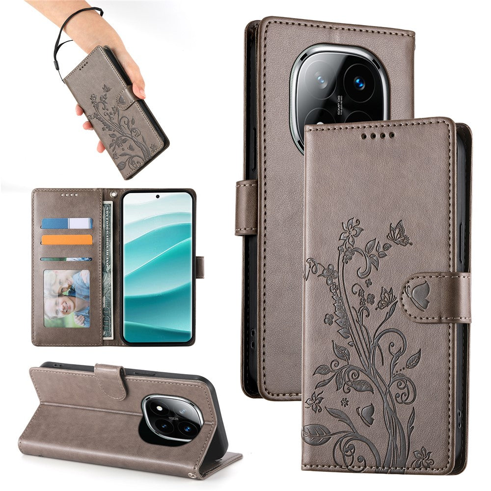 For Xiaomi Redmi Note 14 Pro+ 5G Wallet Case Butterfly Floral Imprint PU Leather Phone Cover with Wrist Strap
