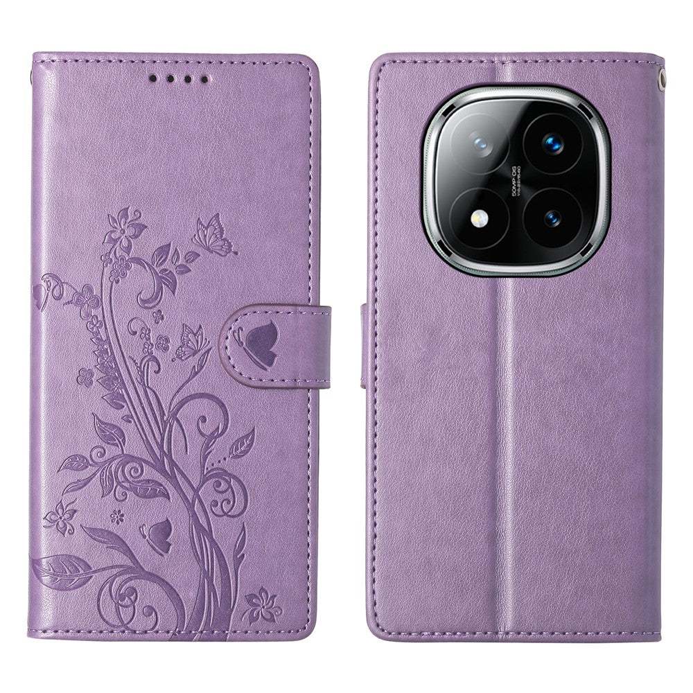 For Xiaomi Redmi Note 14 Pro+ 5G Wallet Case Butterfly Floral Imprint PU Leather Phone Cover with Wrist Strap