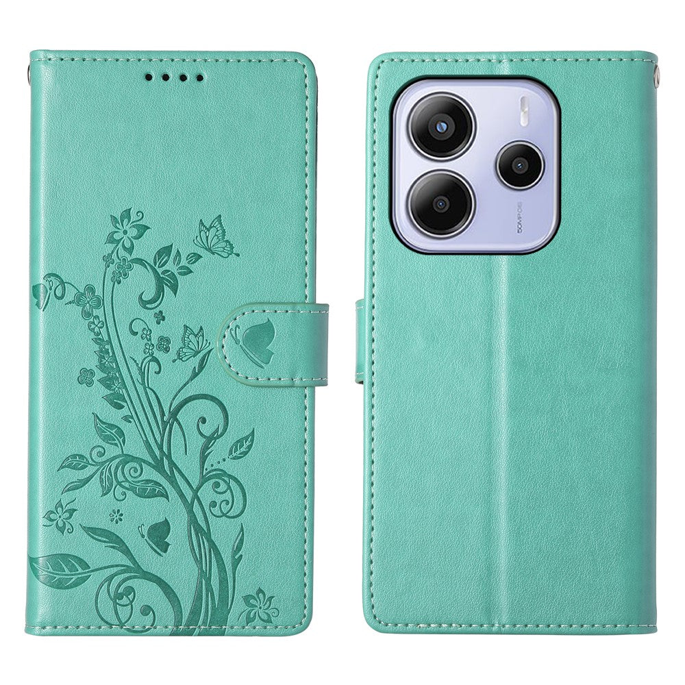 Xiaomi Redmi Note 14 5G Plånboksfodral Fjärilsblommigt PU-läder mobilskal med Handledsrem