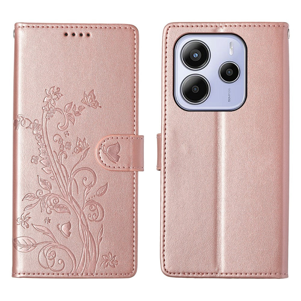 Xiaomi Redmi Note 14 5G Plånboksfodral Fjärilsblommigt PU-läder mobilskal med Handledsrem