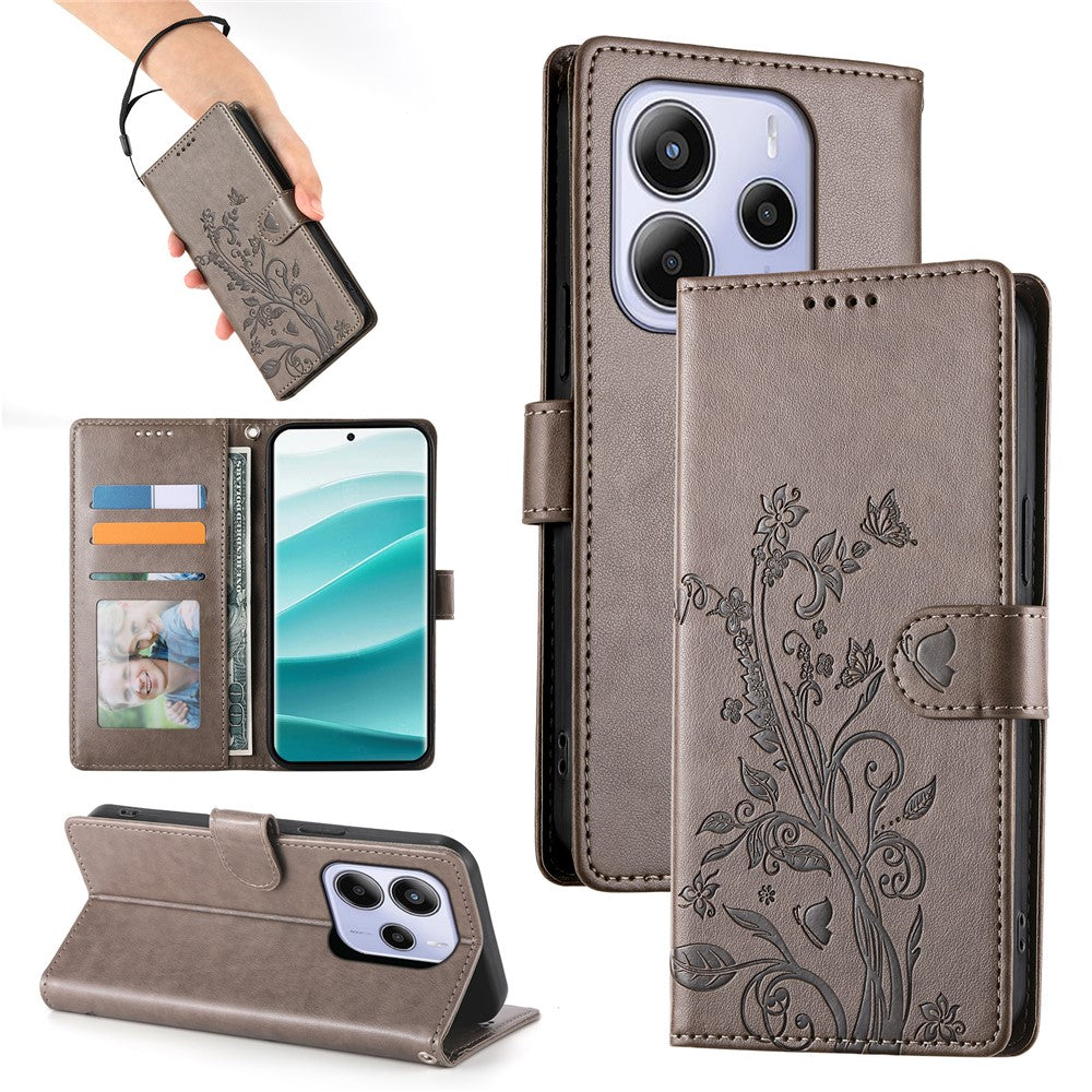 Xiaomi Redmi Note 14 5G Plånboksfodral Fjärilsblommigt PU-läder mobilskal med Handledsrem
