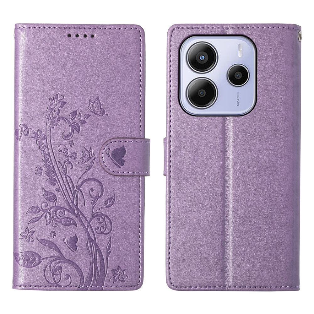 Xiaomi Redmi Note 14 5G Plånboksfodral Fjärilsblommigt PU-läder mobilskal med Handledsrem