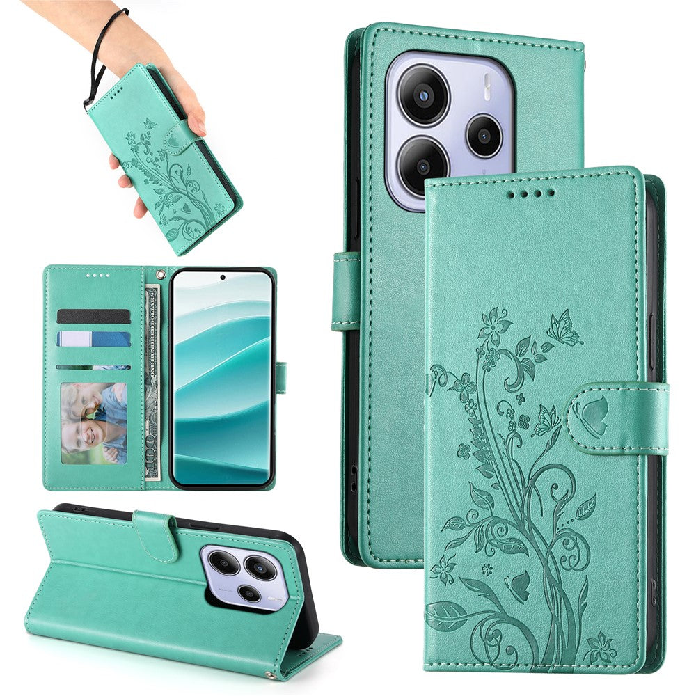 For Xiaomi Redmi Note 14 4G (164.84mm) Wallet Case Butterfly Floral Imprint PU Leather Phone Cover with Wrist Strap