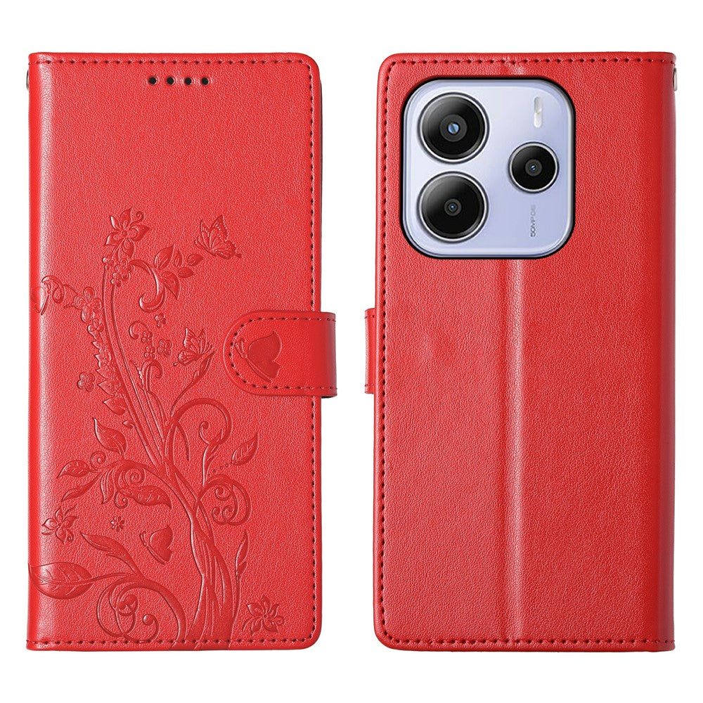 For Xiaomi Redmi Note 14 4G (164.84mm) Wallet Case Butterfly Floral Imprint PU Leather Phone Cover with Wrist Strap