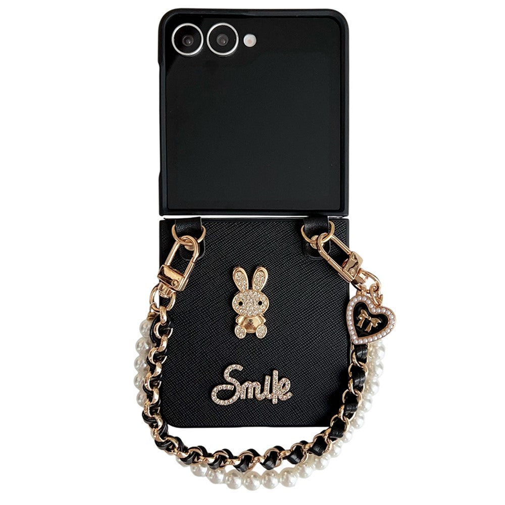 For Samsung Galaxy Z Flip7 5G Case Smile Rabbit PU + PC Phone Cover with Wrist Strap