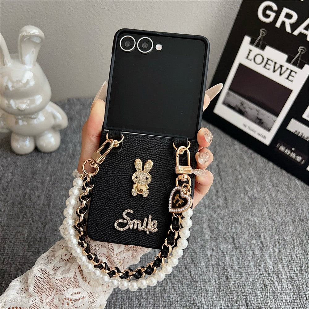 For Samsung Galaxy Z Flip7 5G Case Smile Rabbit PU + PC Phone Cover with Wrist Strap