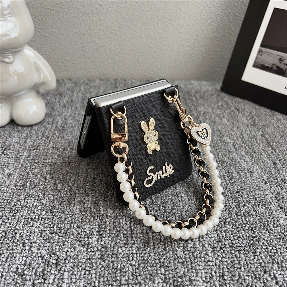 For Samsung Galaxy Z Flip7 5G Case Smile Rabbit PU + PC Phone Cover with Wrist Strap