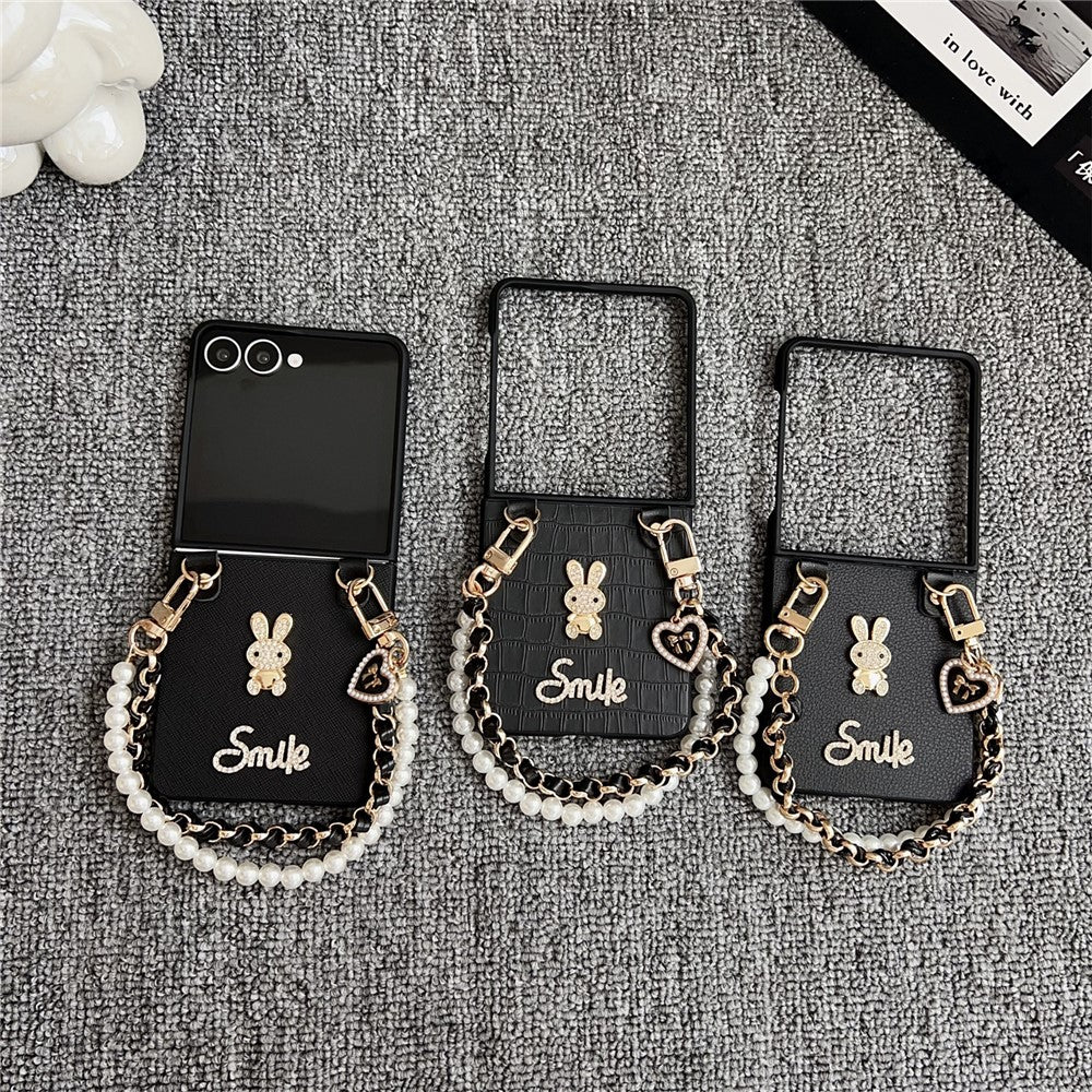 For Samsung Galaxy Z Flip7 5G Case Smile Rabbit PU + PC Phone Cover with Wrist Strap